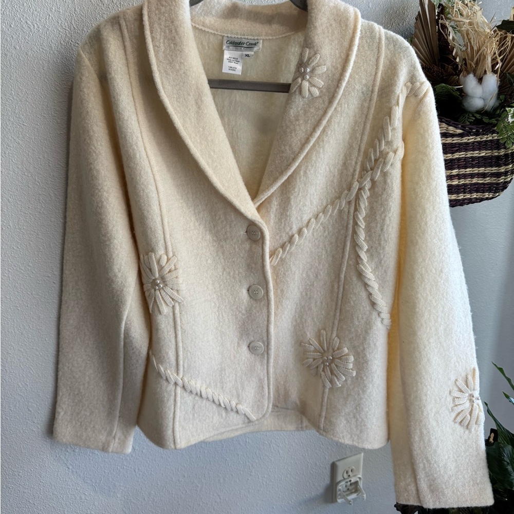 Vintage Coldwater Creek Cream Wool Jacket with Embroidery and Floral Details